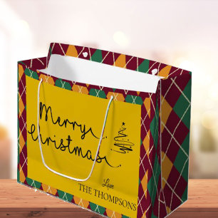 Argyle Yellow Orange Green Script Merry Christmas Large Gift Bag