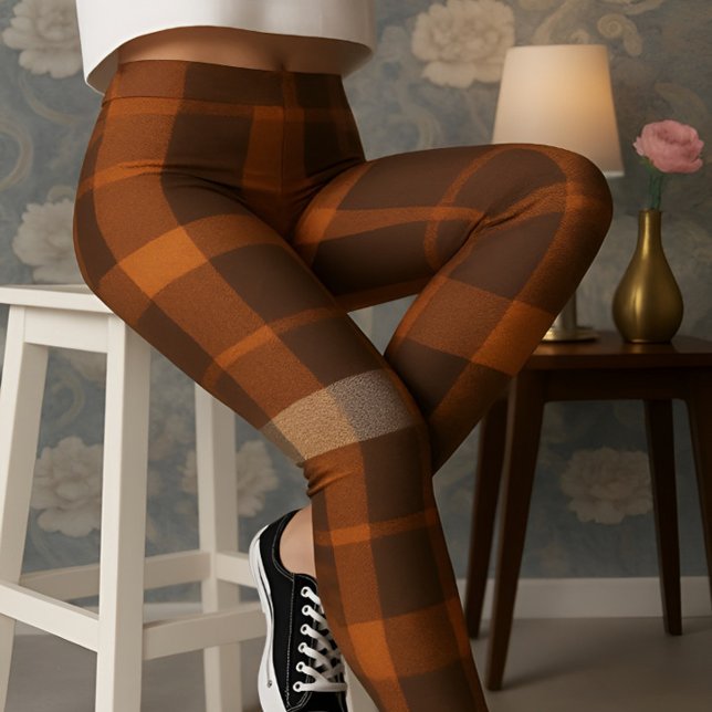 Aria Grace Autumn Hearth Cosy Plaid Pattern Fire Leggings (Pose 4 – Seated Confidence on the Stool)