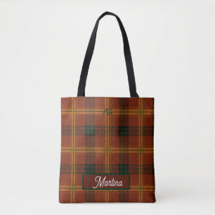 Aria Grace Autumn Hearth Cozy Plaid Pattern Name Tote Bag