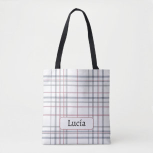 Aria Grace Frost & Sky Nordic Plaid Pattern Name Tote Bag