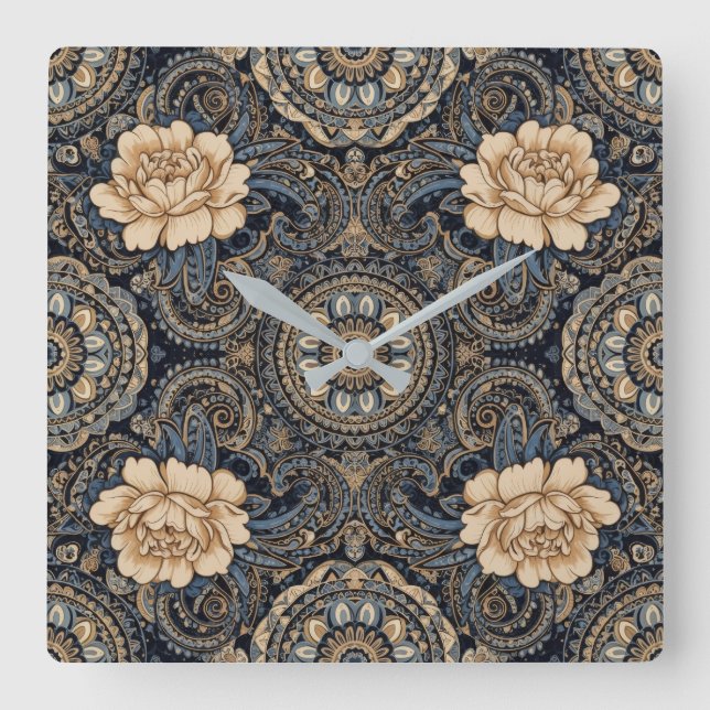 Aria Grace Midnight Blue Peony Paisley Wall Clock (Front)