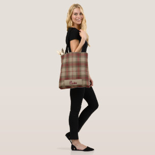 Aria Grace Olive & Wheat Rustic Plaid Pattern Name Tote Bag