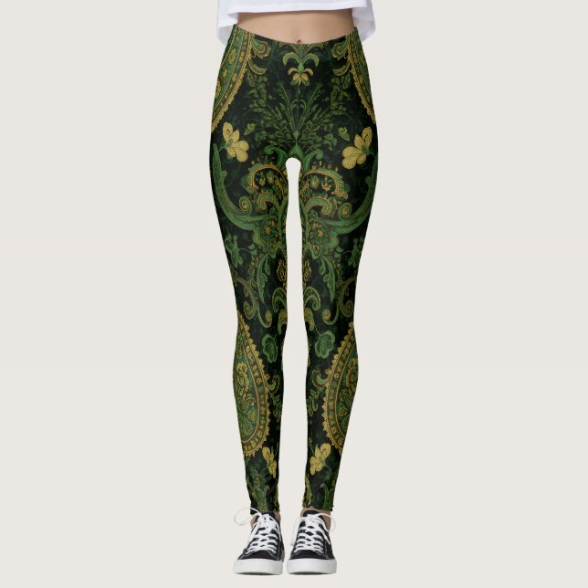Aria Grace Regal Emerald Paisley Boho Design Leggings (Front)