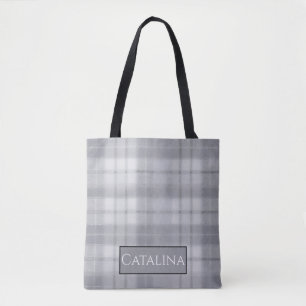 Aria Grace Silver Frost Winter Plaid Pattern Name Tote Bag