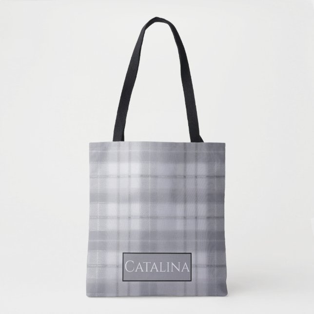 Aria Grace Silver Frost Winter Plaid Pattern Name Tote Bag (Front)