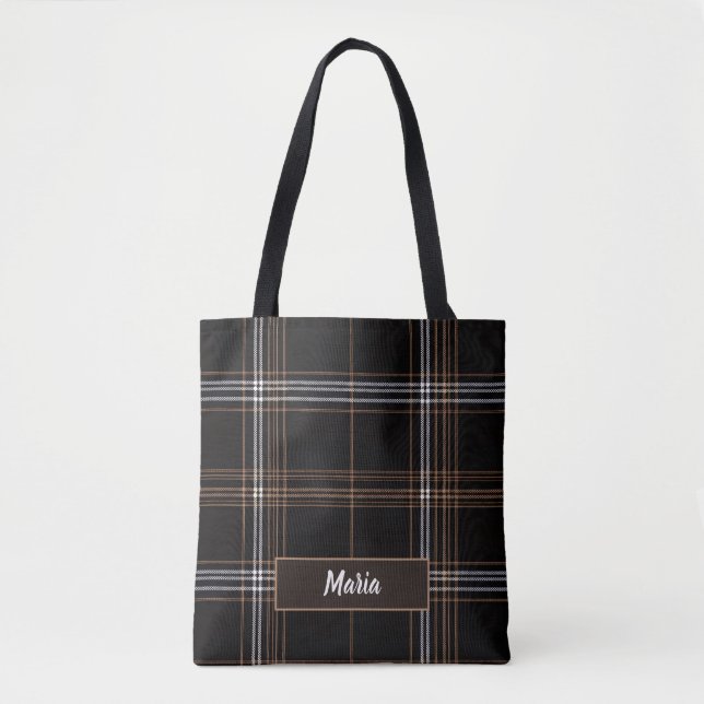 Aria Grace Urban Copper Grid Plaid Pattern Name Tote Bag (Front)