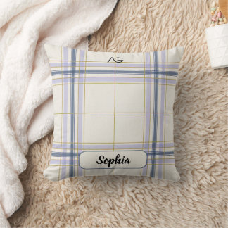 AriaGrace Ivory & Lavender Luxe Plaid Pattern Name Cushion