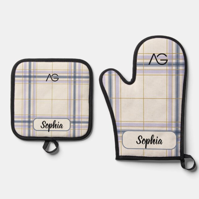AriaGrace Ivory & Lavender Luxe Plaid Pattern Name Oven Mitt & Pot Holder Set (Front)