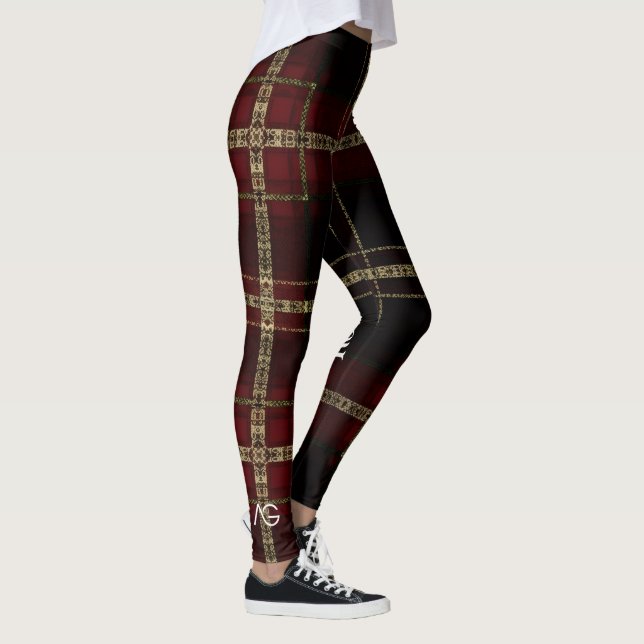 AriaGrace Regal Burgundy Gold Plaid Pattern Vol 23 Leggings (Right)