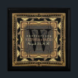 Ariana Art Deco Black Gold Wedding Anniversary Box<br><div class="desc">Art Deco inspired design with Gatsby, roaring 20s, vintage flavour. With customisable text and monogram, combined with a very stylish glitter gold and black geometric design. Sleek and elegant custom Wedding, Anniversary or engagement present. Personalise with names, anniversary date and monogram or numbers - made into a wonderful wooden gift...</div>