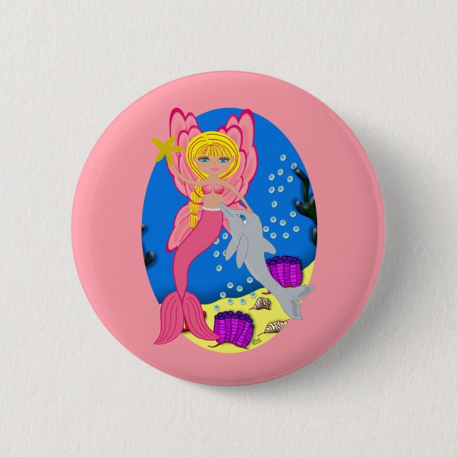 Ariel the Pink Merfaery and Dolphin Button (Front)
