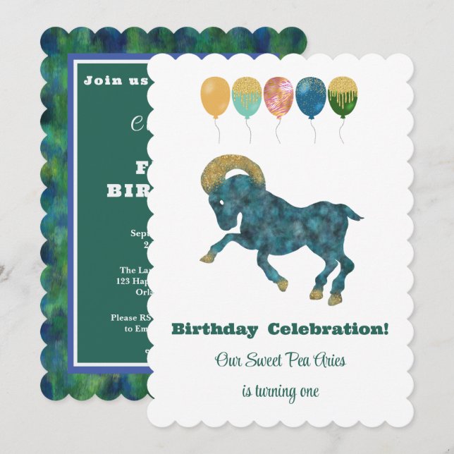Aries 1st Birthday Impressionist Gold Glitter Inv Invitation (Front/Back)
