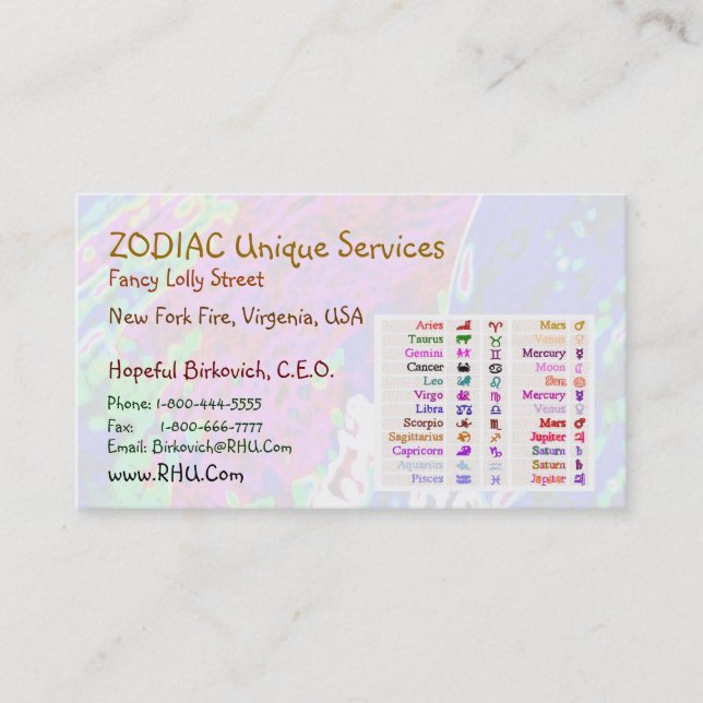 ARIES + all Zodiac Symbols on back Business Card (Front)