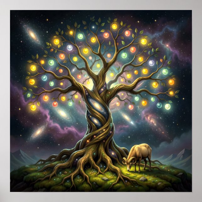 Aries and Tree of Life Among Stars and Galaxies Poster (Front)