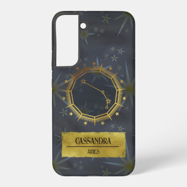 Aries Dark Zodiac Astrology: Black & Gold Samsung Galaxy S22+ Case (Back)