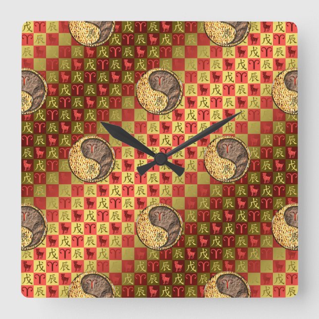 Aries & Earth Dragon Square Wall Clock (Front)