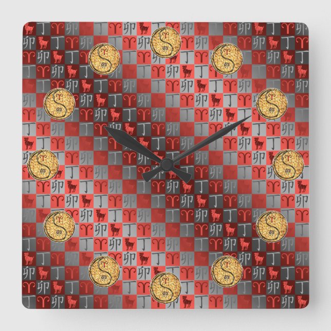 Aries & Fire Rabbit Square Wall Clock (Front)