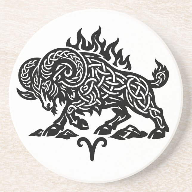 Aries Fire‑Ram – Celtic Haunted Ink Zodiac Coaster (Front)