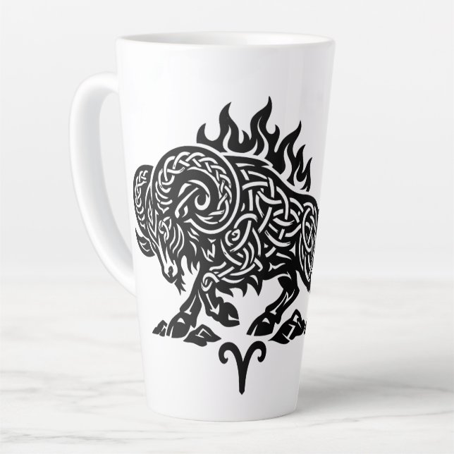 Aries Fire‑Ram – Celtic Haunted Ink Zodiac Latte Mug (Left Angle)
