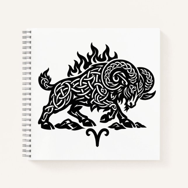 Aries Fire‑Ram – Celtic Haunted Ink Zodiac Notebook (Front)