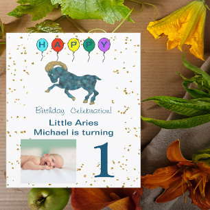 Aries First Birthday Gold & Balloons & Photo Invitation