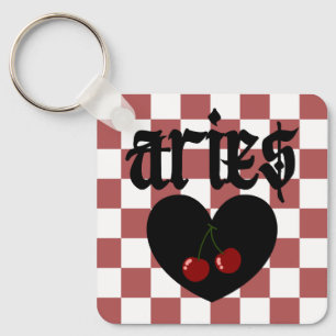 Aries Gothic Aesthetic Chequered Cherry Design Key Ring