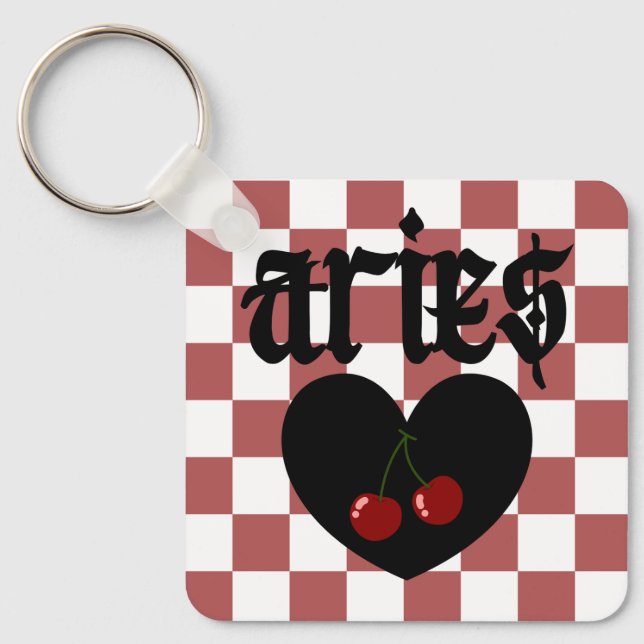 Aries Gothic Aesthetic Chequered Cherry Design Key Ring (Front)