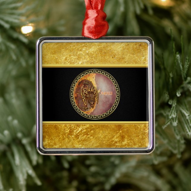Aries Horoscope with gold foil texture with black Metal Ornament (Tree)