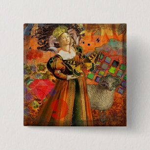 Aries Orange Woman: Gothic Ram Antique Art Collage 15 Cm Square Badge