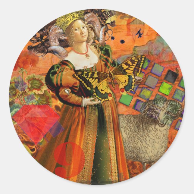 Aries Orange Woman: Gothic Ram Antique Art Collage Classic Round Sticker (Front)