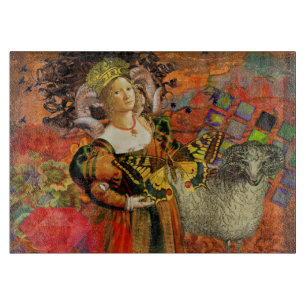 Aries Orange Woman: Gothic Ram Antique Art Collage Cutting Board