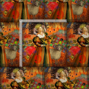 Aries Orange Woman: Gothic Ram Antique Art Collage Fabric