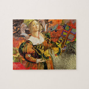 Aries Orange Woman: Gothic Ram Antique Art Collage Jigsaw Puzzle