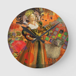 Aries Orange Woman: Gothic Ram Antique Art Collage Round Clock