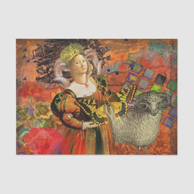 Aries Orange Woman: Gothic Ram Antique Art Collage Tissue Paper (Front)