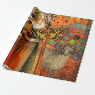 Aries Orange Woman: Gothic Ram Antique Art Collage Wrapping Paper