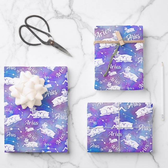 Aries Ram Constellation Stars Birthday Pattern Wrapping Paper Sheet (Front)