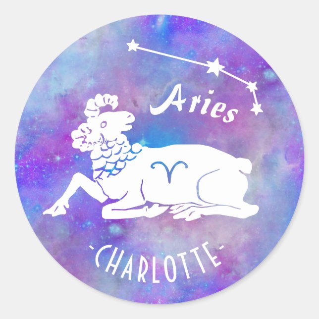 Aries Ram Constellation Stars Custom Name Birthday Classic Round Sticker (Front)