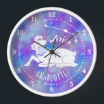 Aries Ram Constellation Stars Custom Name Birthday Clock<br><div class="desc">This fun wall clock makes the perfect gift for anyone born under the zodiac sign Aries. It includes a vintage ram, plus the constellation and space for the birthday person's name, all in white on a purple-pink starry background. Just use the easy template to add your personalised name. DESIGN TIP:...</div>