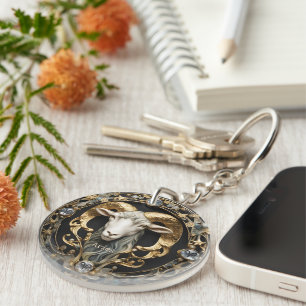 Aries Ram, Diamond and Gold Personalized Key Ring