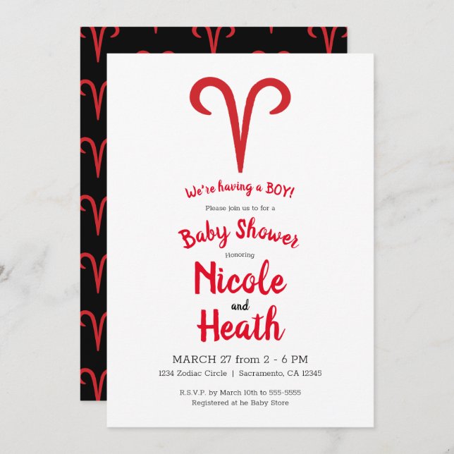ARIES Ram Red Astrology Zodiac Spring Baby Shower  Invitation (Front/Back)