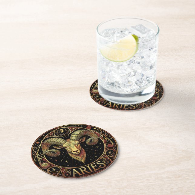Aries Ram Zodiac Symbol Round Paper Coaster (Insitu)