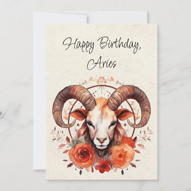 Aries Ram Zodiac Watercolor Birthday Flat Card (Front)
