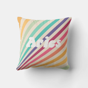 Aries Retro Rainbow Zodiac Astrology Round Pillow