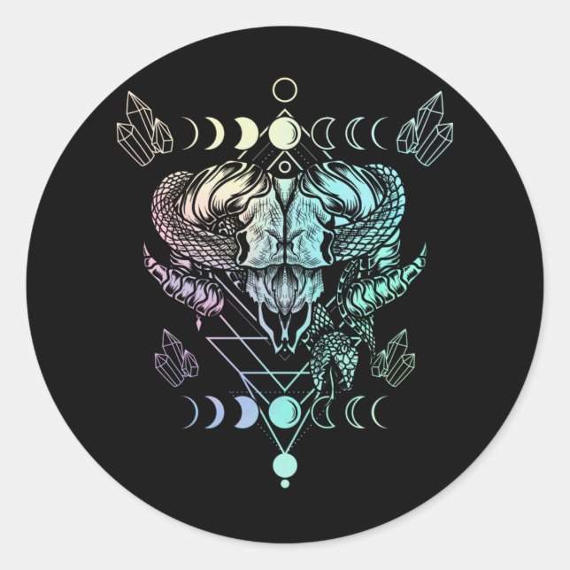 Aries Skull Snake Wicca Occult Crescent Moon Goth Classic Round Sticker (Front)