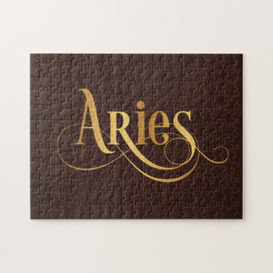 Aries Swirly Script Gold on Leather Jigsaw Puzzle