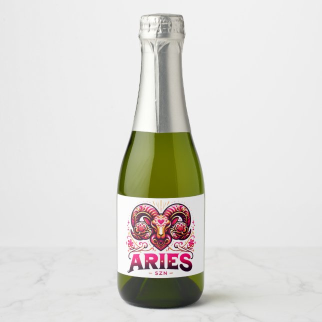 Aries SZN Pink and Orange Zodiac Birthday  Sparkling Wine Label (Front)