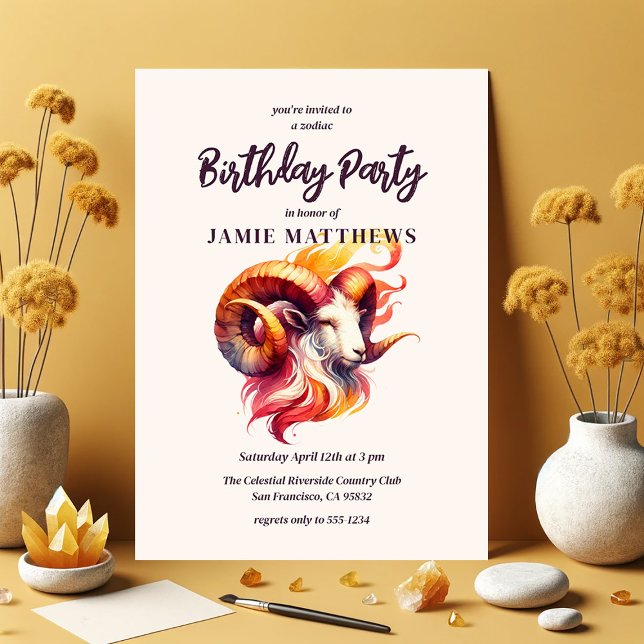 Aries Watercolor Ram Zodiac Themed Birthday Party Invitation (Watercolor Aries Zodiac-Themed Birthday Party Suite | 5x7 Invitations Shown Here)