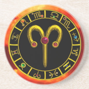 ARIES ZODIAC BIRTHDAY JEWEL RED RUBY,Gold ,black Coaster