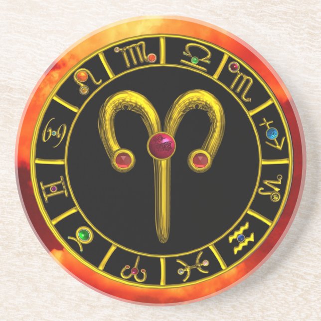 ARIES ZODIAC BIRTHDAY JEWEL RED RUBY,Gold ,black Coaster (Front)